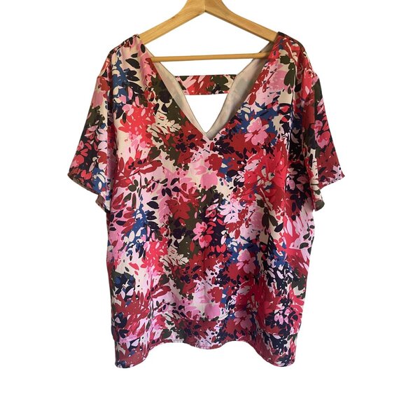 Banana Republic Factory XXL Pink Floral Top Short Sleeve Polyester V-Neck - Picture 1 of 7